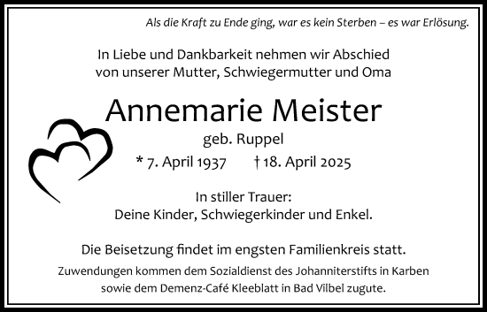 Traueranzeige von Annemarie Meister von Bad Vilbel/Karben