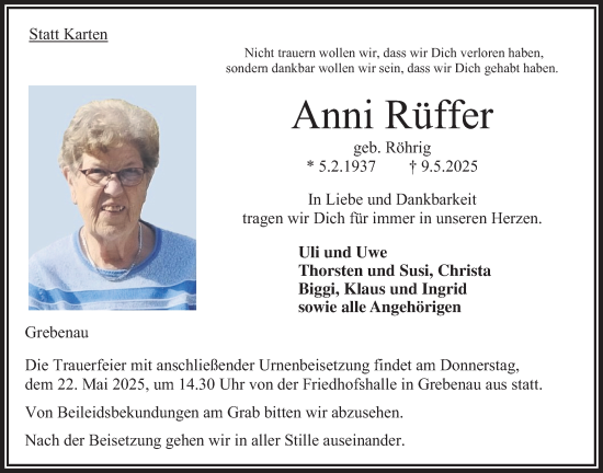 Traueranzeige von Anni Rüffer von Oberhessische Zeitung
