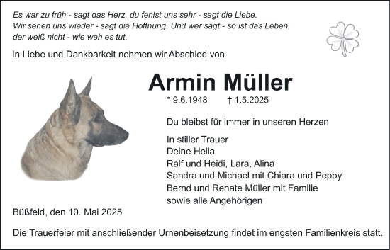 Traueranzeige von Armin Müller von Giessener Allgemeine, Alsfelder Allgemeine, Giessener Allgemeine, Alsfelder Allgemeine