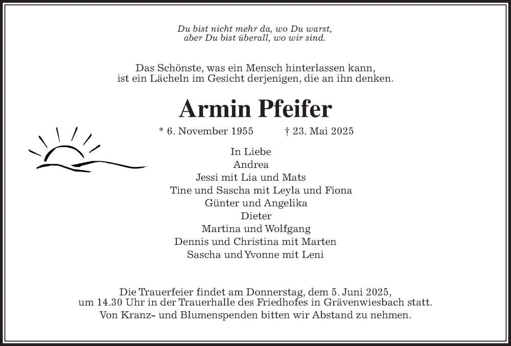  Traueranzeige für Armin Pfeifer vom 31.05.2025 aus Usinger Anzeiger