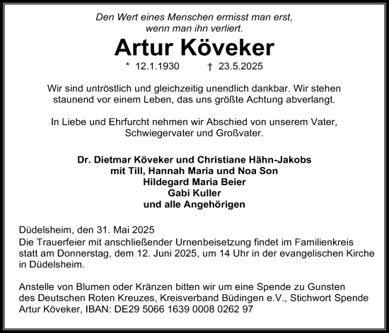 Traueranzeige von Artur Köveker von Kreis-Anzeiger