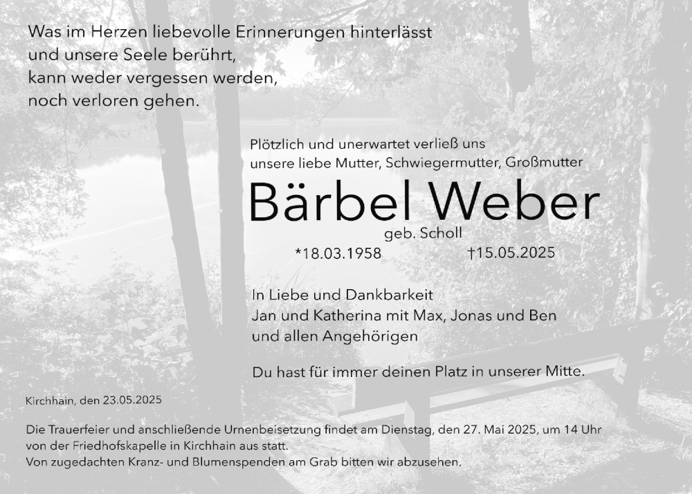  Traueranzeige für Bärbel Weber vom 23.05.2025 aus Giessener Allgemeine, Alsfelder Allgemeine
