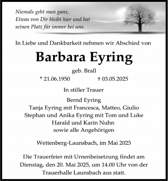 Traueranzeige von Barbara Eyring von Giessener Allgemeine, Alsfelder Allgemeine
