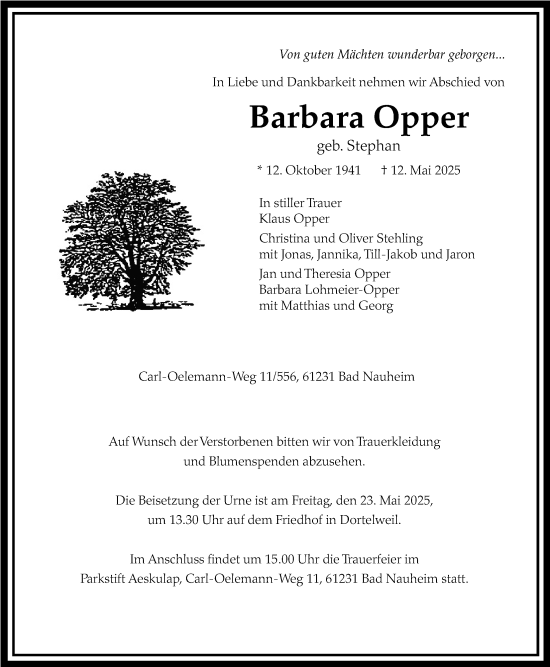 Traueranzeige von Barbara Opper von Bad Vilbel/Karben