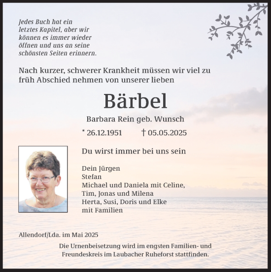 Traueranzeige von Barbara Rein von Giessener Allgemeine, Alsfelder Allgemeine, Giessener Anzeiger