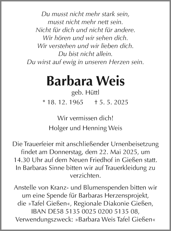 Traueranzeige von Barbara Weis von Giessener Allgemeine, Alsfelder Allgemeine, Giessener Anzeiger