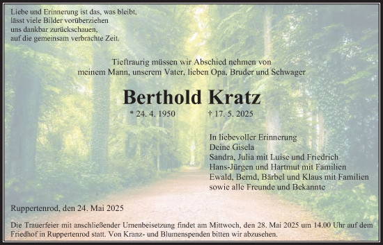 Traueranzeige von Berthold Kratz von Giessener Allgemeine, Alsfelder Allgemeine
