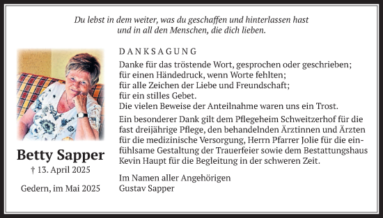 Traueranzeige von Betty Sapper von Kreis-Anzeiger