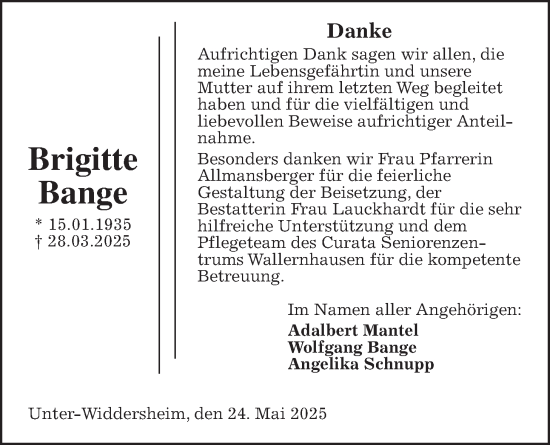 Traueranzeige von Brigitte Bange 