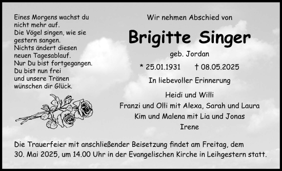 Traueranzeige von Brigitte Singer von Giessener Anzeiger