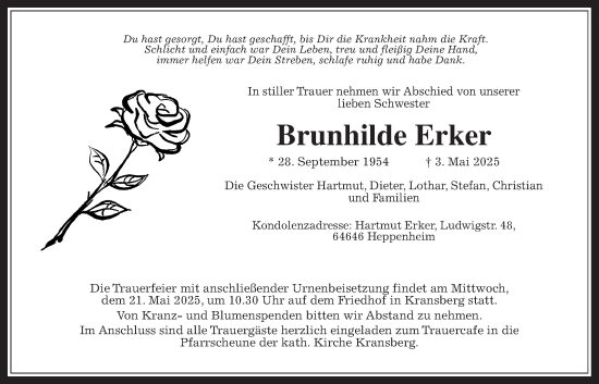 Traueranzeige von Brunhilde Erker von Usinger Anzeiger