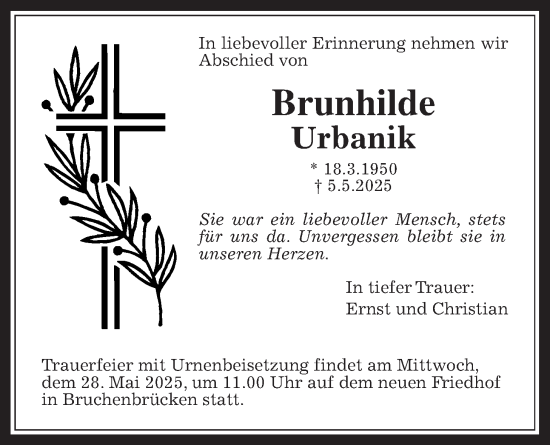 Traueranzeige von Brunhilde Urbanik von Wetterauer Zeitung