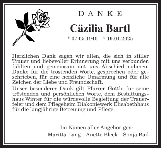 Traueranzeige von Cäzilia Bartl von Bad Vilbel/Karben