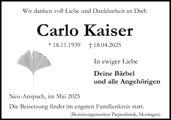 Traueranzeige von Carlo Kaiser von Usinger Anzeigenblatt