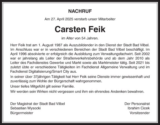Traueranzeige von Carsten Feik von Bad Vilbel/Karben