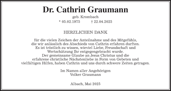 Traueranzeige von Cathrin Graumann von Giessener Allgemeine, Alsfelder Allgemeine, Giessener Allgemeine, Alsfelder Allgemeine