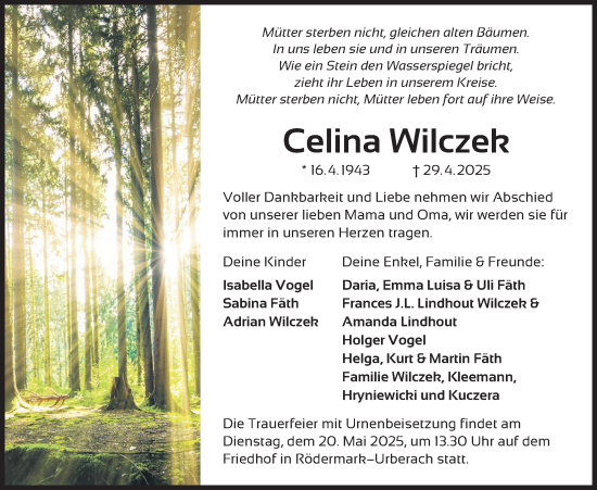 Traueranzeige von Celina Wilczek von Giessener Allgemeine, Alsfelder Allgemeine