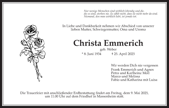 Traueranzeige von Christa Emmerich von Bad Vilbel/Karben