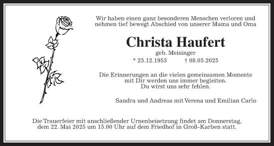 Traueranzeige von Christa Haufert von Bad Vilbel/Karben