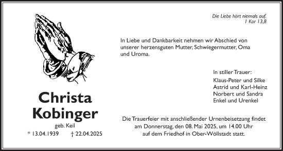 Traueranzeige von Christa Kobinger von Wetterauer Zeitung