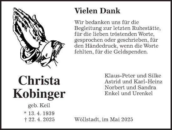 Traueranzeige von Christa Kobinger von Wetterauer Zeitung