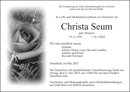 Traueranzeige von Christa Seum von Kreis-Anzeiger