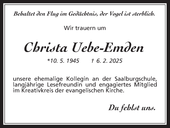Traueranzeige von Christa Uebe-Emden von Bad Vilbel/Karben