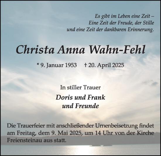Traueranzeige von Christa Anna Wahn-Fehl von Lauterbacher Anzeiger