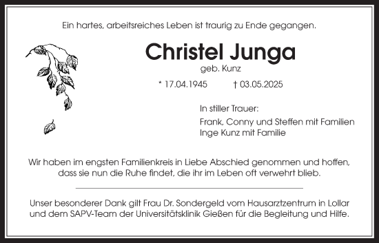 Traueranzeige von Christel Junga von Giessener Allgemeine, Alsfelder Allgemeine, Giessener Anzeiger