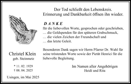 Traueranzeige von Christel Klein von Usinger Anzeigenblatt