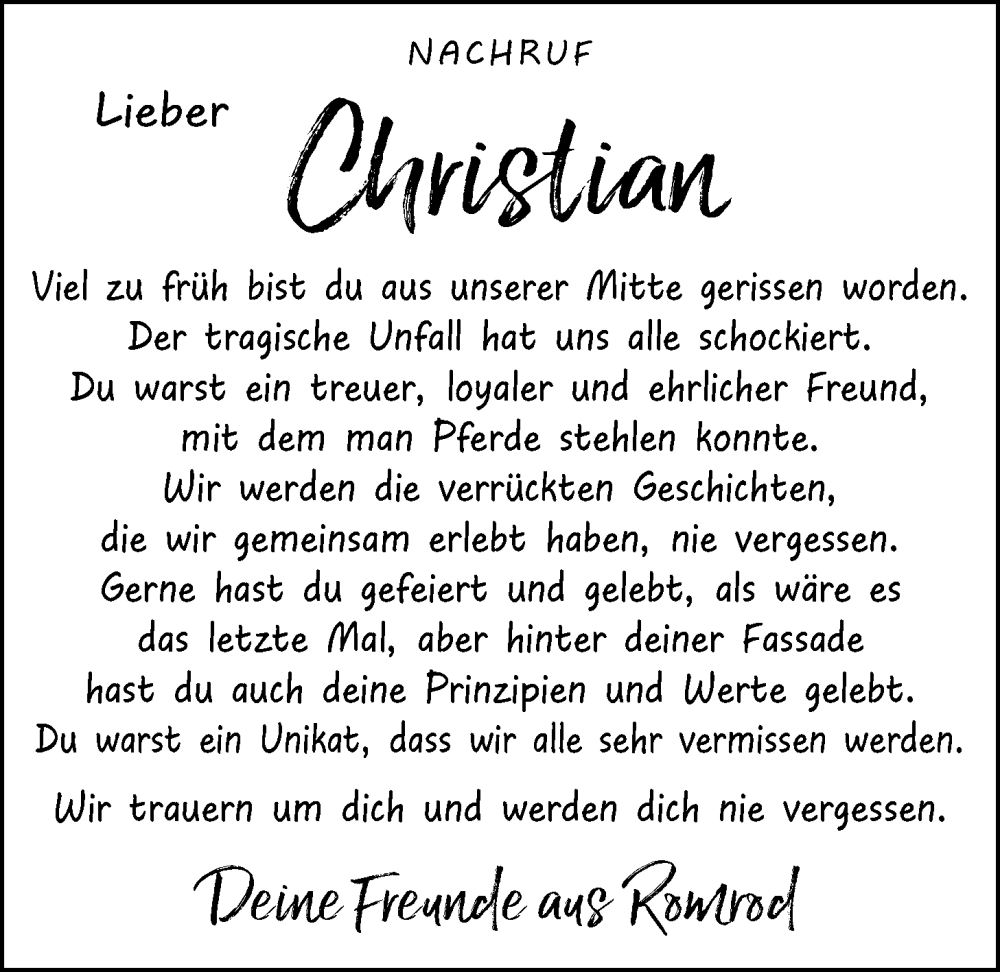  Traueranzeige für Christian Krüger vom 06.05.2025 aus Alsfelder Allgemeine, Oberhessische Zeitung, , 