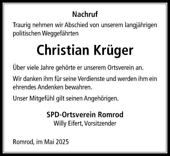Traueranzeige von Christian Krüger von Oberhessische Zeitung, Oberhessische Zeitung