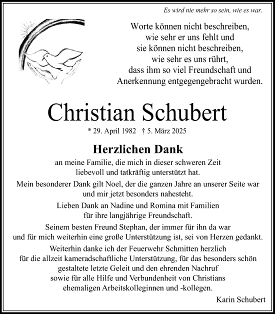 Traueranzeige von Christian Schubert von Usinger Anzeigenblatt