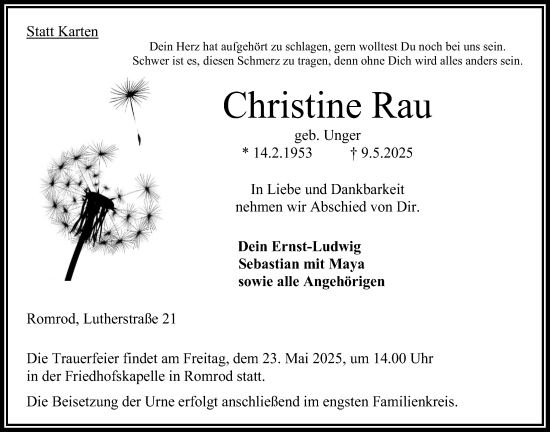 Traueranzeige von Christine Rau von Oberhessische Zeitung