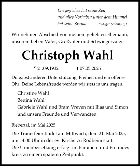 Traueranzeige von Christoph Wahl von Giessener Allgemeine, Alsfelder Allgemeine