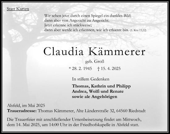 Traueranzeige von Claudia Kämmerer von Oberhessische Zeitung, Oberhessische Zeitung