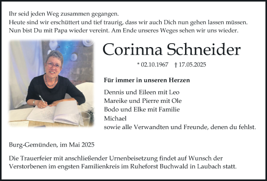 Traueranzeige von Corinna Schneider von Alsfelder Allgemeine, Oberhessische Zeitung