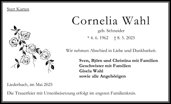 Traueranzeige von Cornelia Wahl von Oberhessische Zeitung