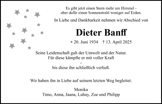 Traueranzeige von Dieter Banff von Butzbacher Zeitung