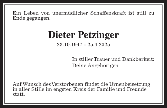 Traueranzeige von Dieter Petzinger von Butzbacher Zeitung, Wetterauer Zeitung