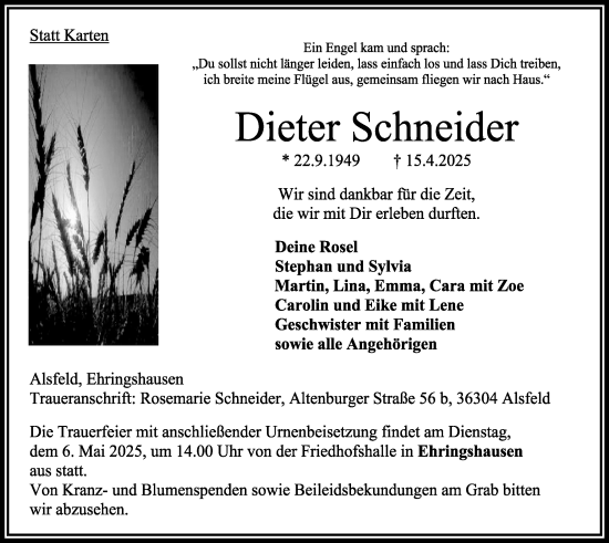 Traueranzeige von Dieter Schneider von Oberhessische Zeitung