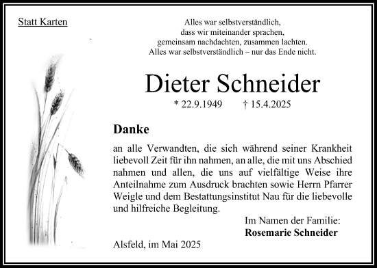 Traueranzeige von Dieter Schneider von Oberhessische Zeitung