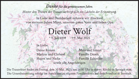 Traueranzeige von Dieter Wolf von Wetterauer Zeitung