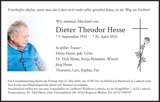 Traueranzeige von Dieter Theodor Hesse von Giessener Anzeiger