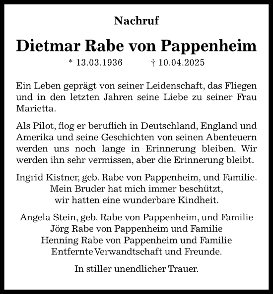 Traueranzeige von Dietmar Rabe von Pappenheim von Wetterauer Zeitung