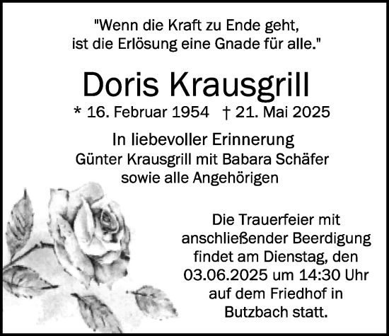Traueranzeige von Doris Krausgrill von Butzbacher Zeitung