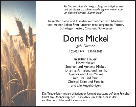 Traueranzeige von Doris Mickel von Kreis-Anzeiger, Wetterauer Zeitung, Kreis-Anzeiger, Wetterauer Zeitung