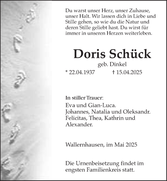 Traueranzeige von Doris Schück von Giessener Allgemeine, Alsfelder Allgemeine, Kreis-Anzeiger