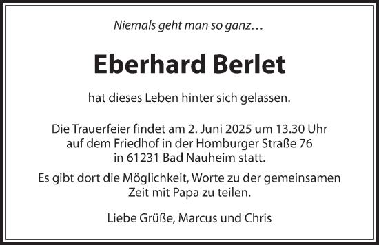 Traueranzeige von Eberhard Berlet von Wetterauer Zeitung