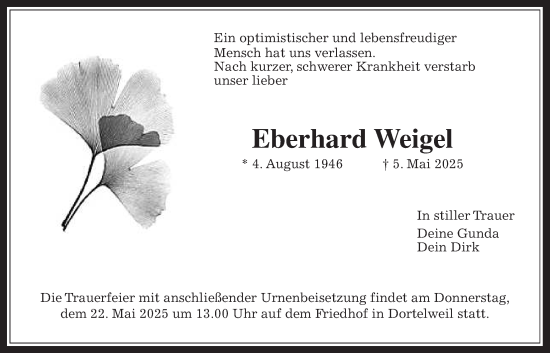 Traueranzeige von Eberhard Weigel von Bad Vilbel/Karben